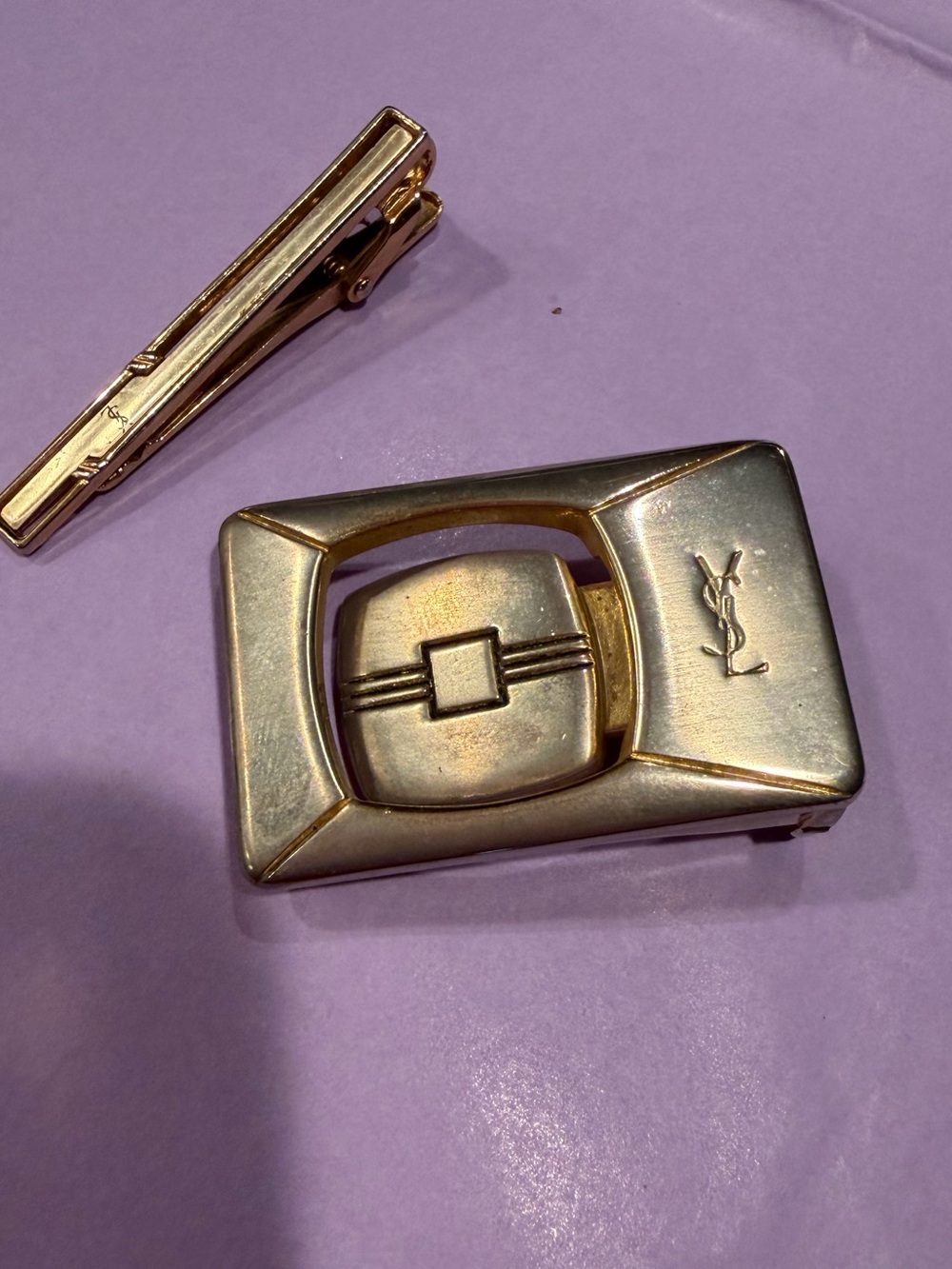 Yves Saint Laurent Vintage Gold-Tone Belt Buckle and Tie Bar Set